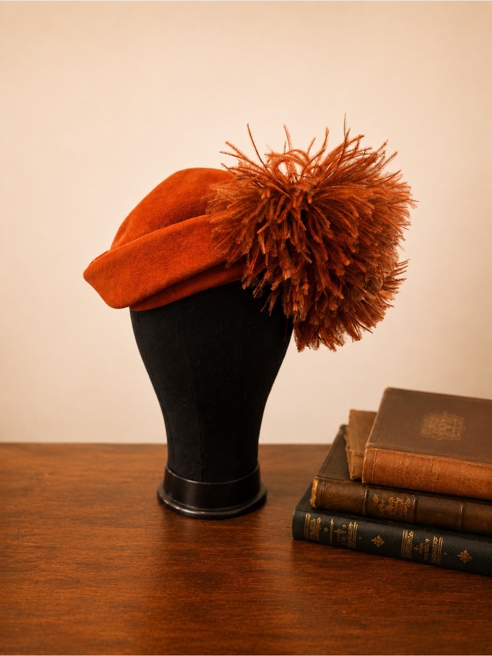 Vintage 1940s Rust Orange Velour Cocktail Hat with Feather Pom-Pom Flo-Gene NY
